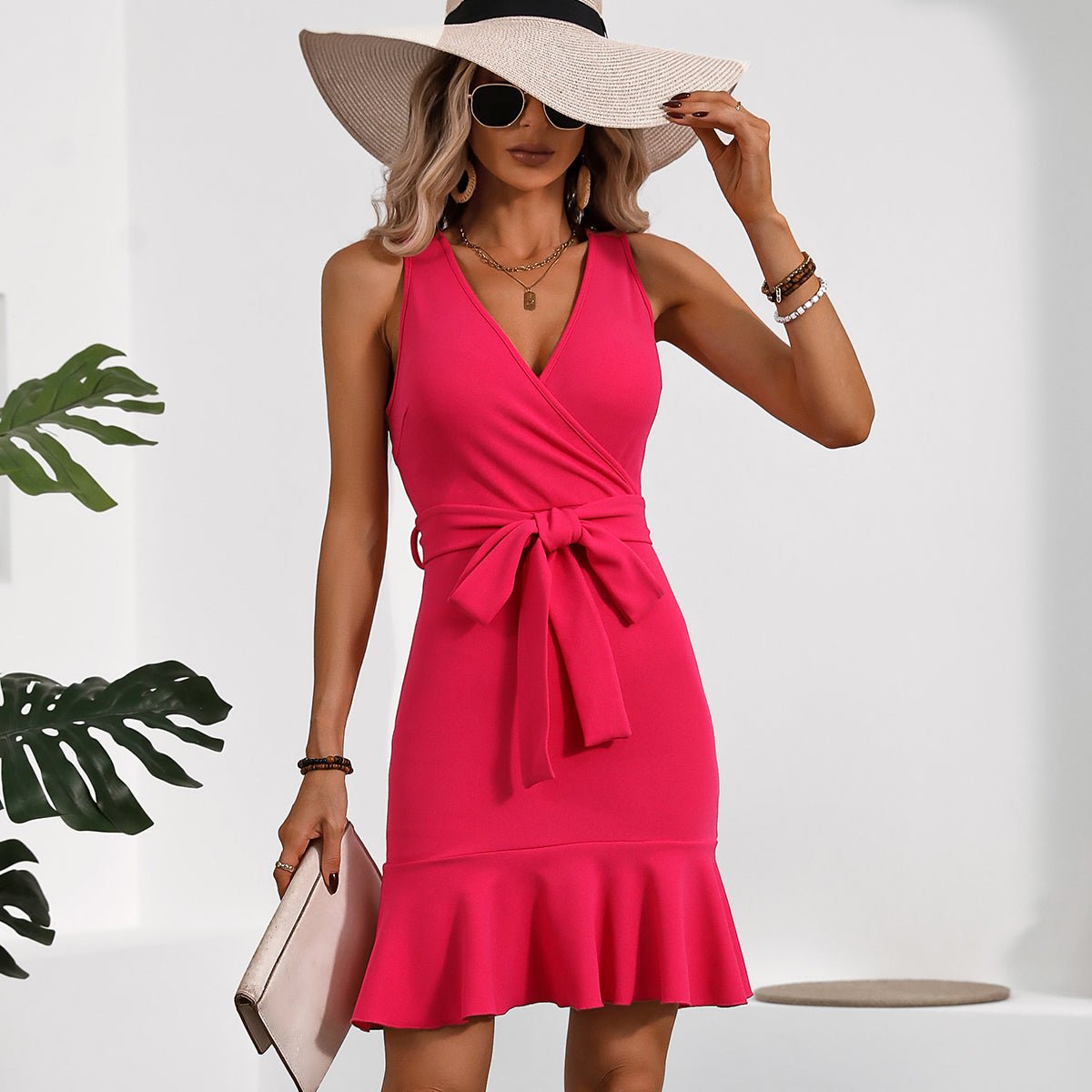 V Neck Solid Ruffle Hem Bodycon Dress - Image 6