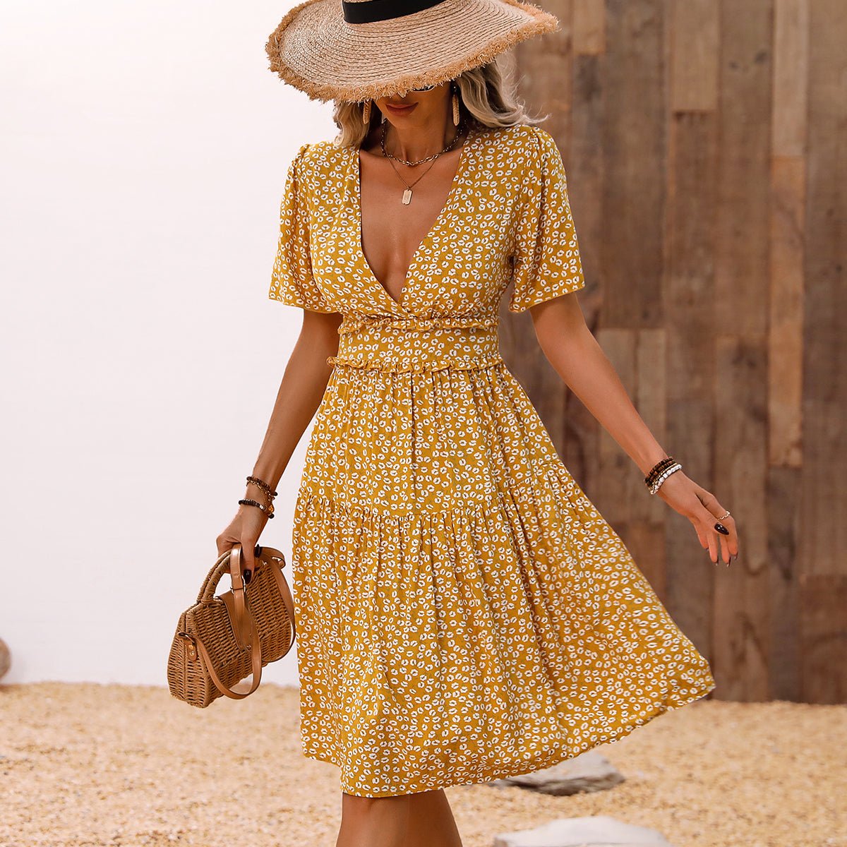 Fashion Floral Print V Neck Casual Dress - Image 6