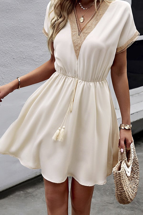 Fashion Lace Patchwork Solid V Neck Casual Dress - Image 3