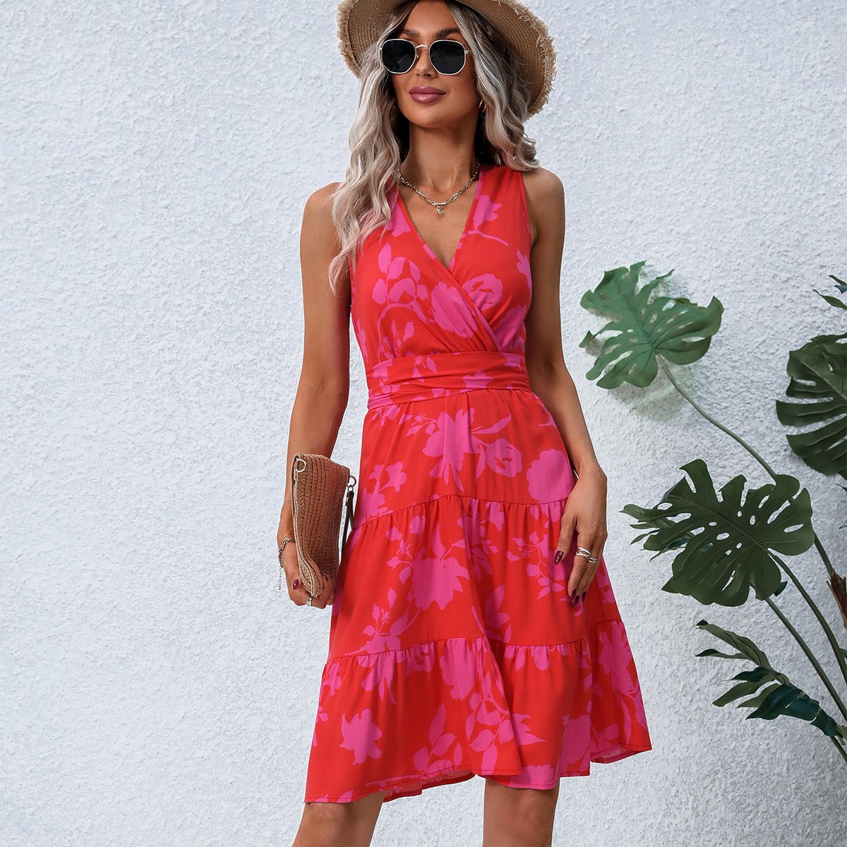 Fashion Tie Waist V Neck Printed Casual Dress - Image 6