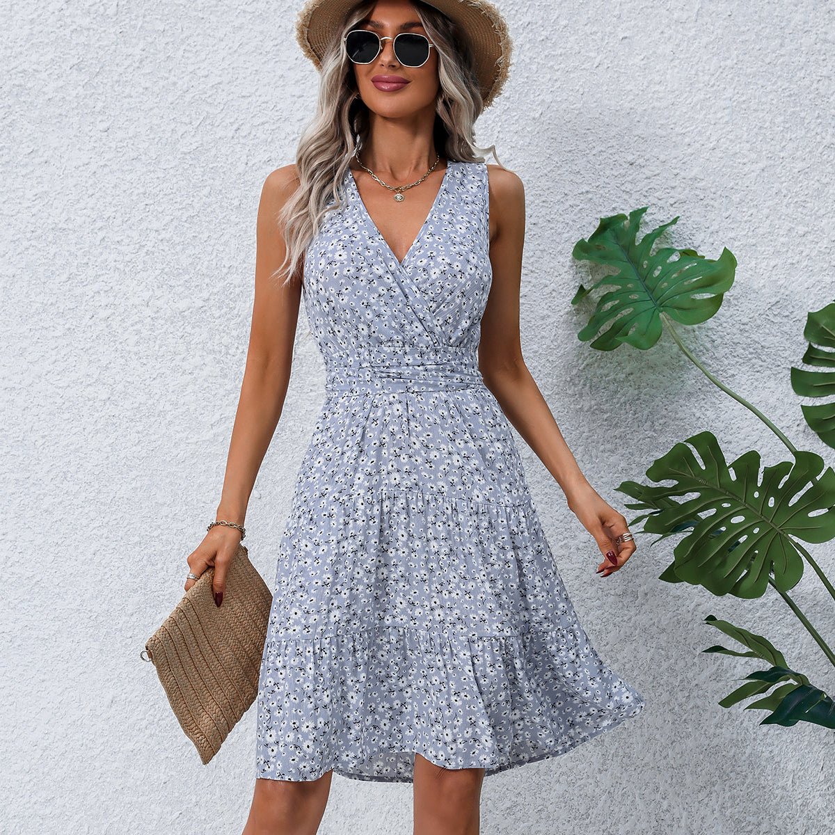 Fashion Floral Print V Neck Tie Waist Dress - Image 6
