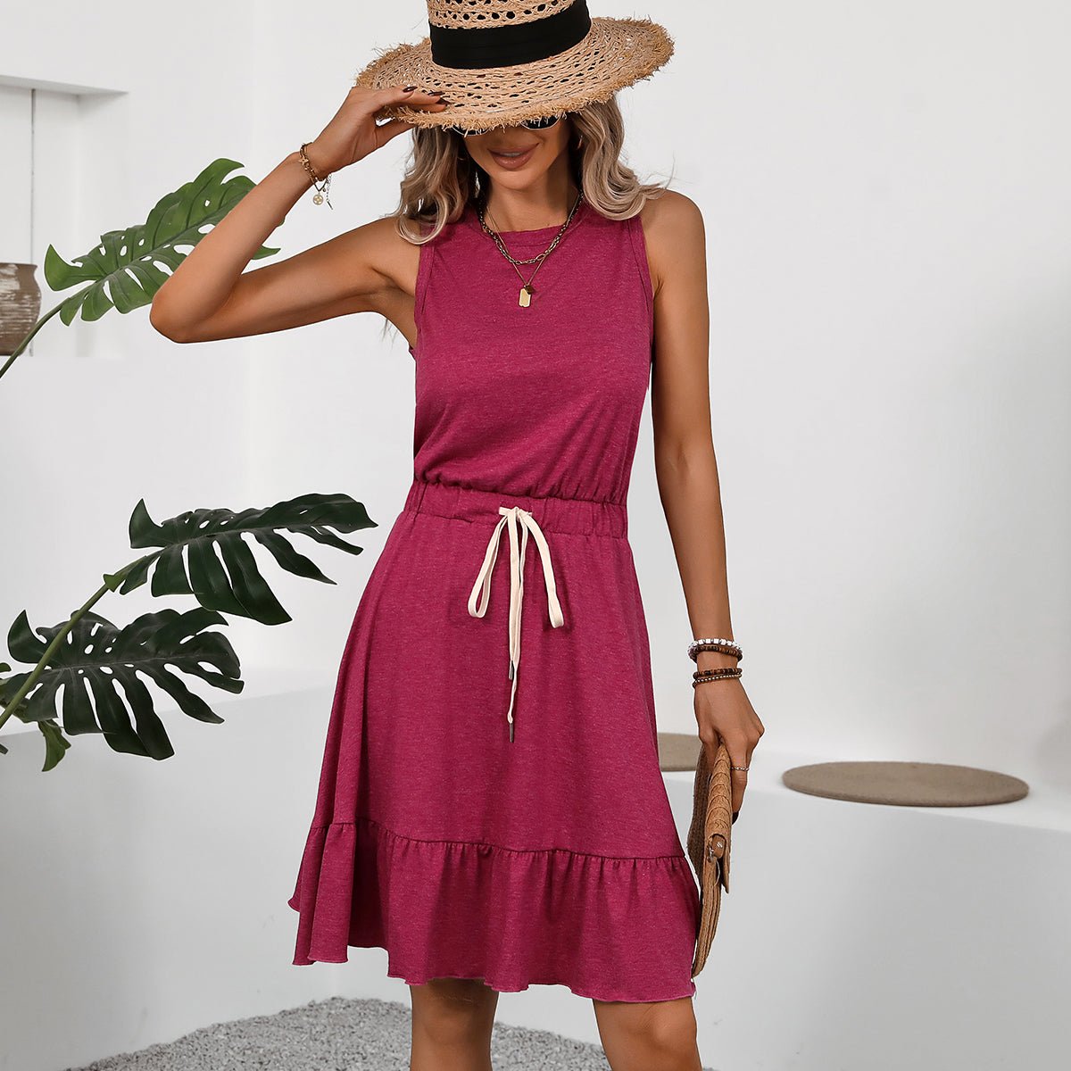 Fashion Solid Color Tie Waist Casual Dress - Image 6