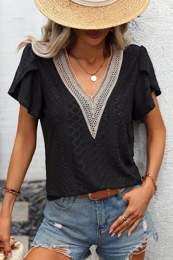 Solid V Neck Patchwork Short Sleeve Tops - Image 2