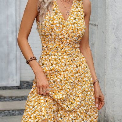 V Neck Floral Print Tie Waist Dress