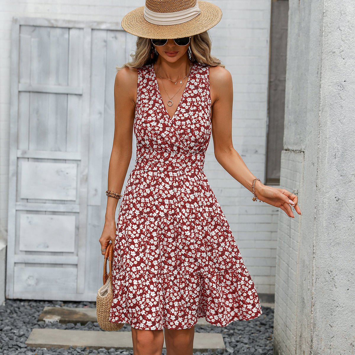 Fashion V Neck Floral Print Tie Waist Dress - Image 4