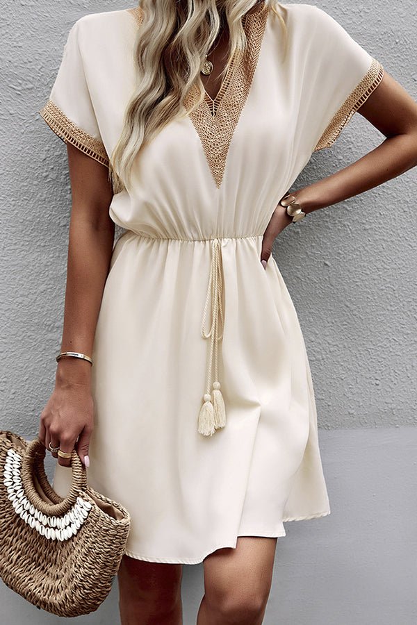 Fashion Lace Patchwork Solid V Neck Casual Dress - Image 2