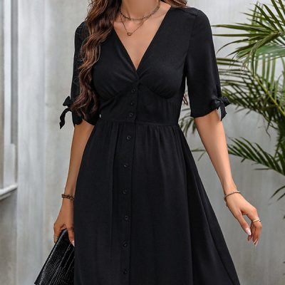 Solid Color V Neck Tie Design Dress