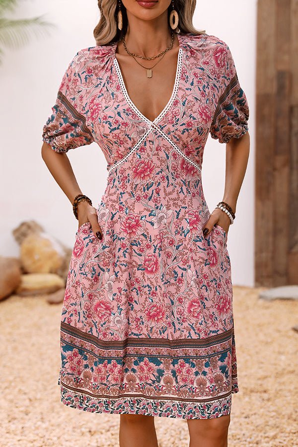 Bohemia Print V Neck Patchwork Dress - Image 4