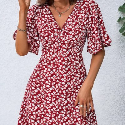 Floral Print V Neck Short Sleeve Casual Dress