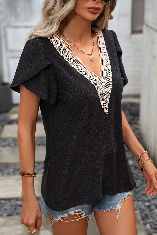 Solid V Neck Patchwork Short Sleeve Tops - Image 4