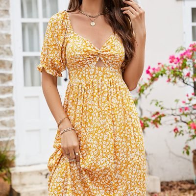 Floral Print Hook Design V Neck Casual Dress