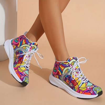 Women??s Graffiti Print High-Top Lace-Up Sneakers, Reflective Safety Straps Detail Sneakers, Women??s Footwear