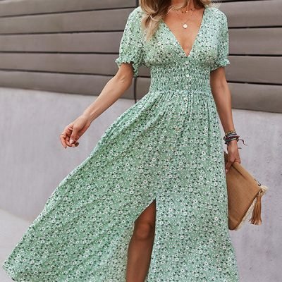 Deep V Neck Smocked Chest Floral Print Maxi Dress