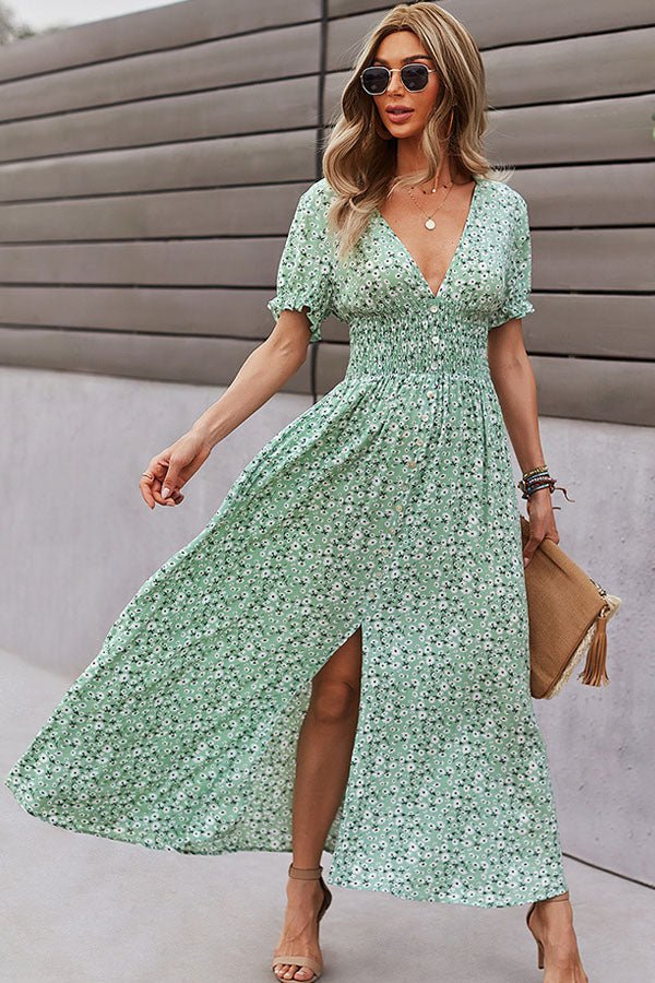 Deep V Neck Smocked Chest Floral Print Maxi Dress