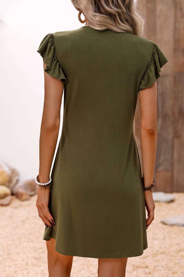 V Neck Ruffle High Waist Solid Dress - Image 5
