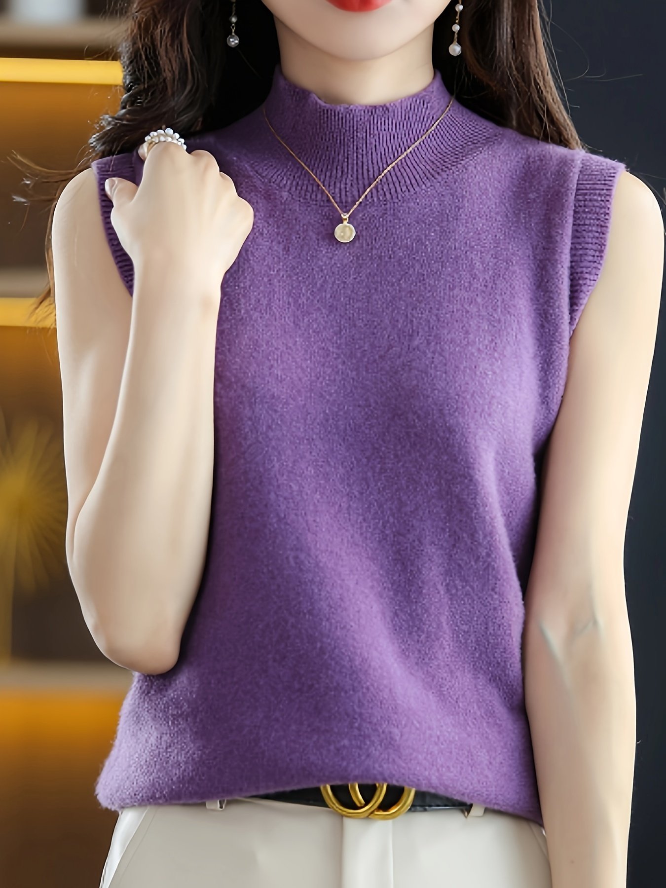 Solid Knit Mock Neck Tank Top, Casual Sleeveless Tank Top, Women??s Clothing - Image 15