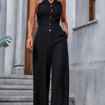 V Neck Button Cutout Casual Jumpsuits