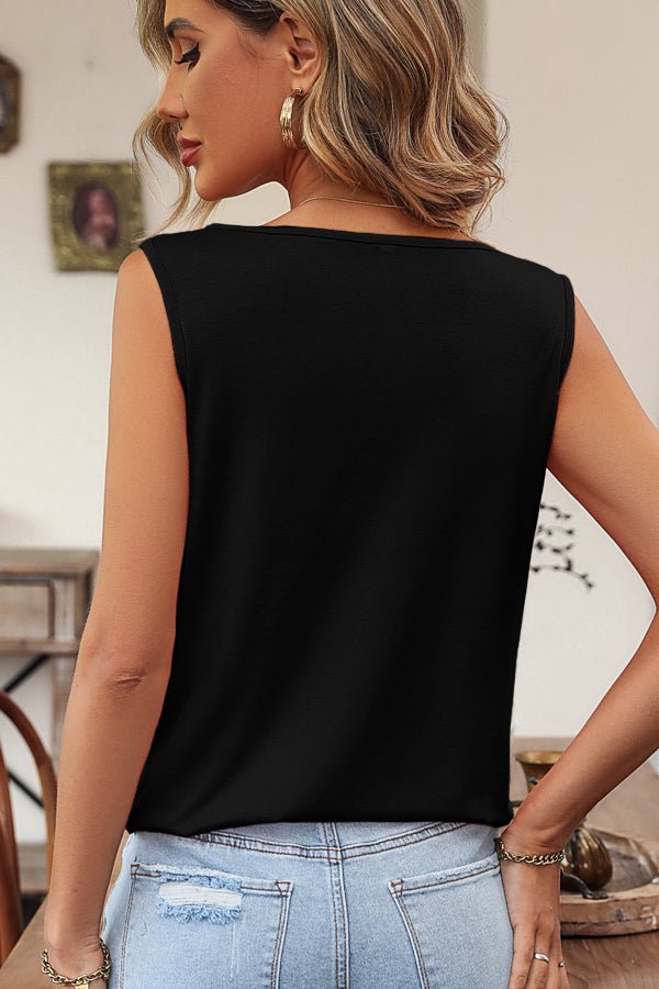 Black Square Neck Solid Color Sleeveless Casual Tops - Image 3