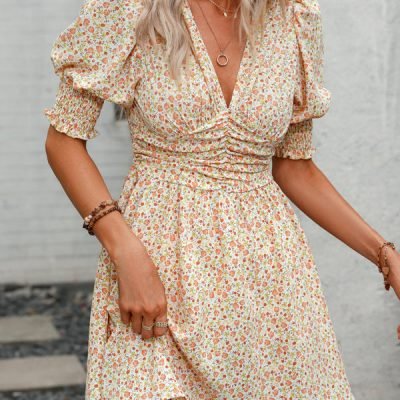 Floral Print Deep V Neck Mini Dress