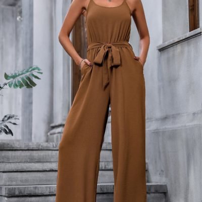 Fashion Knot Waist Solid Color Casual Jumpsuits
