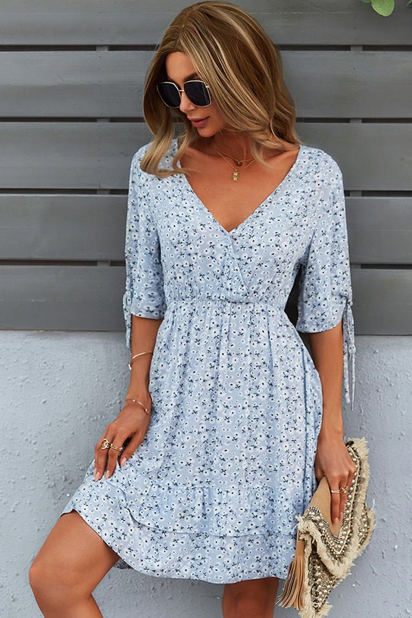 Fashion Floral Print Knot Sleeve Mini Dress - Image 2