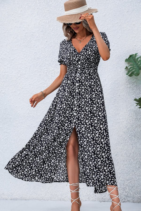 V Neck Smocked Chest Floral Print Maxi Dress - Image 3