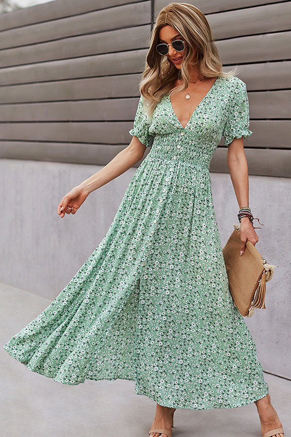 Deep V Neck Smocked Chest Floral Print Maxi Dress - Image 2