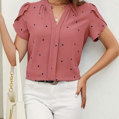 Heart Print V Neck Blouse, Casual Petal Sleeve Blouse For Spring & Summer, Women??s Clothing