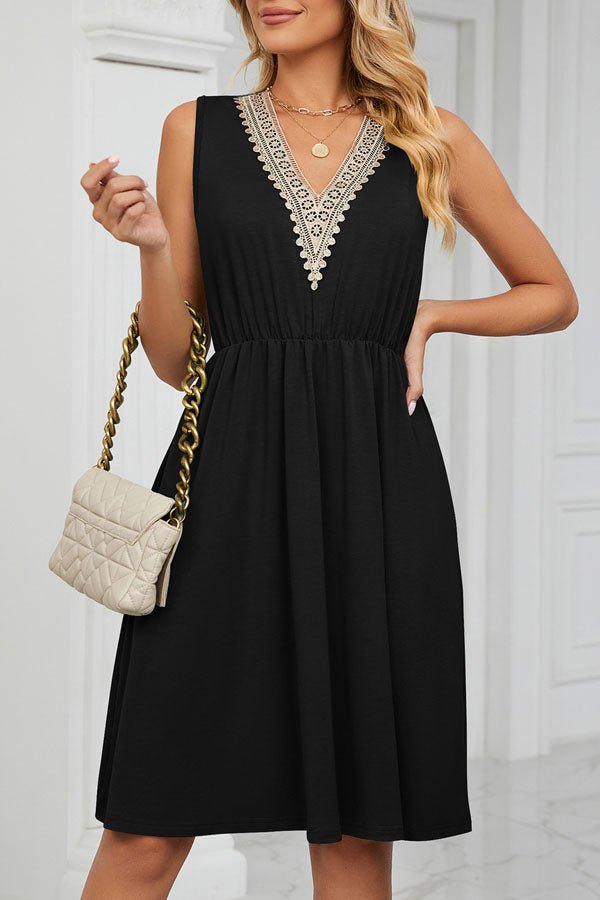 V Neck Patchwork High Waist Solid Color Dress - Image 5