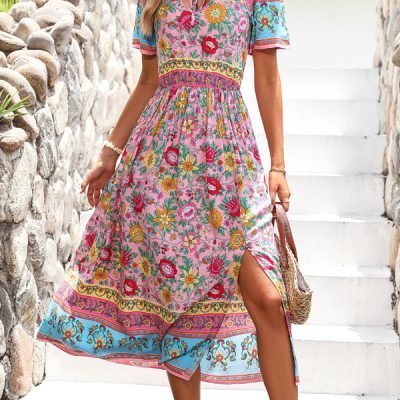 Bohemia Print Knot Front Split Side Maxi Dress
