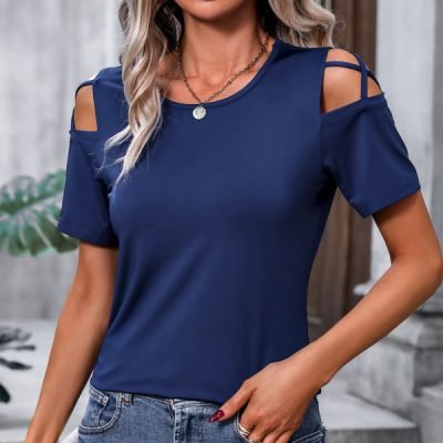 Cutout Shoulder Round Neck Casual Tops