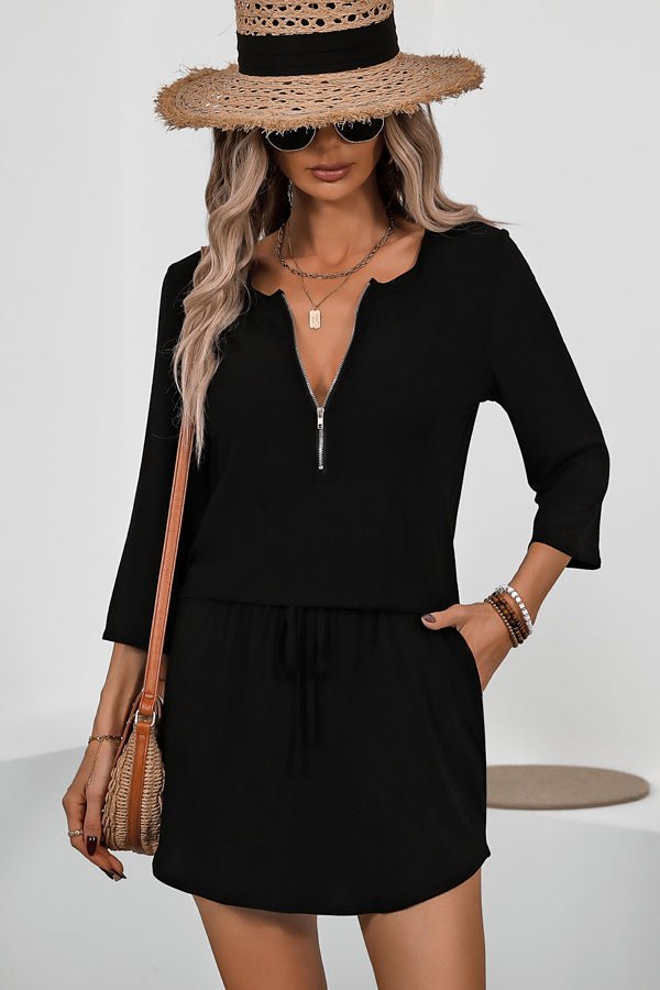 Fashion Zipper Drawstring Casual Dress - Image 4