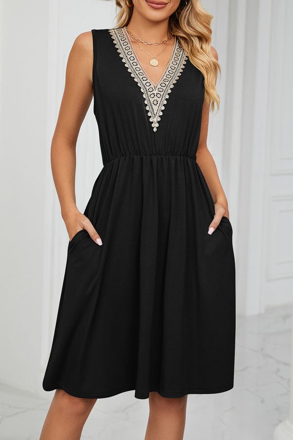 V Neck Patchwork High Waist Solid Color Dress - Image 2