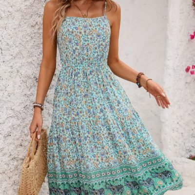 Fashion High Waist Floral Print Midi Dress