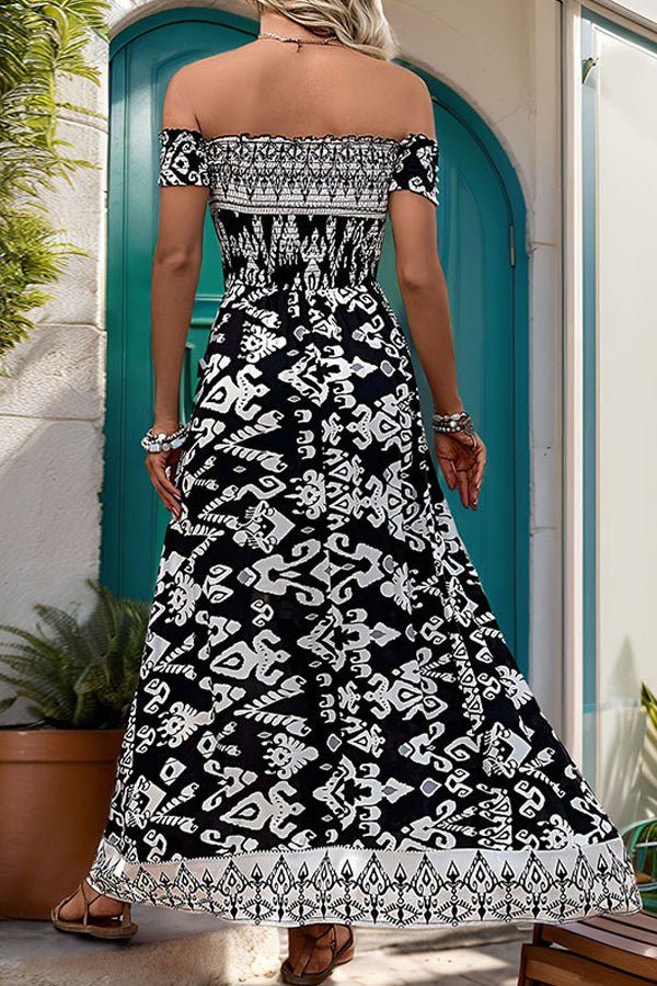 Smocked Print Off The Shoulder Maxi Dress - Image 4