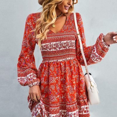 Bohemia Smocked Bust Long Sleeve Printed Dress