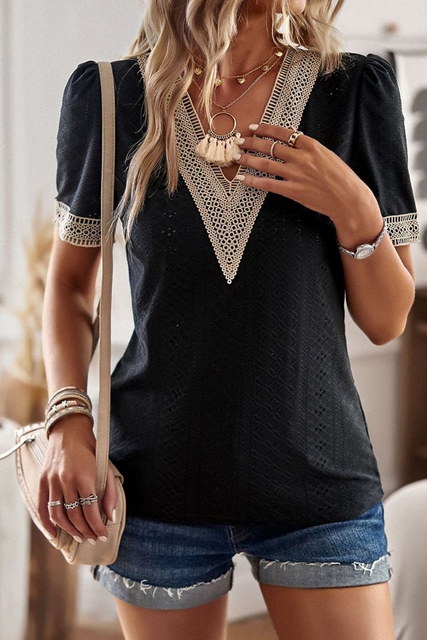 V Neck Patchwork Short Sleeve Casual Tops - Image 5