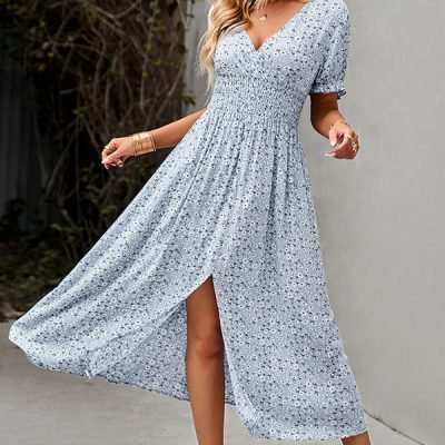 Fashion V Neck Smocked Chest Floral Print Maxi Dress