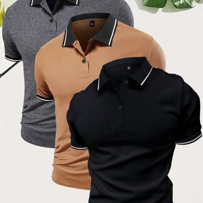 3Pcs Breathable Regular Fit Golf Shirt, Men??s Casual V-Neck T-Shirt Short Sleeve For Summer, Men??s Clothing