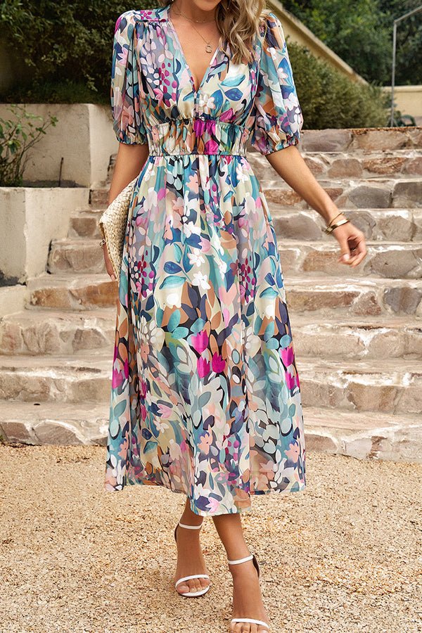 V Neck Smocked Waist Floral Print Maxi Dress - Image 6