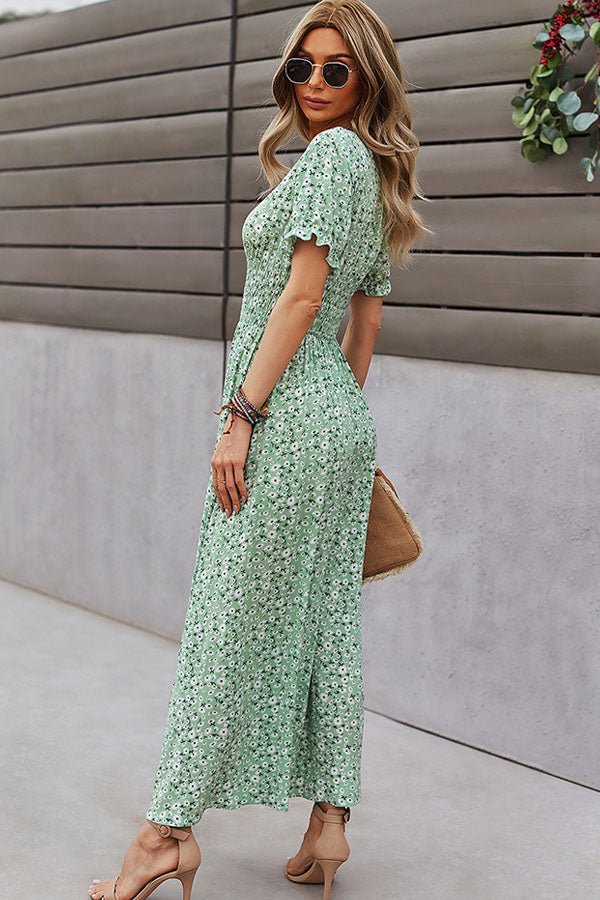Deep V Neck Smocked Chest Floral Print Maxi Dress - Image 5