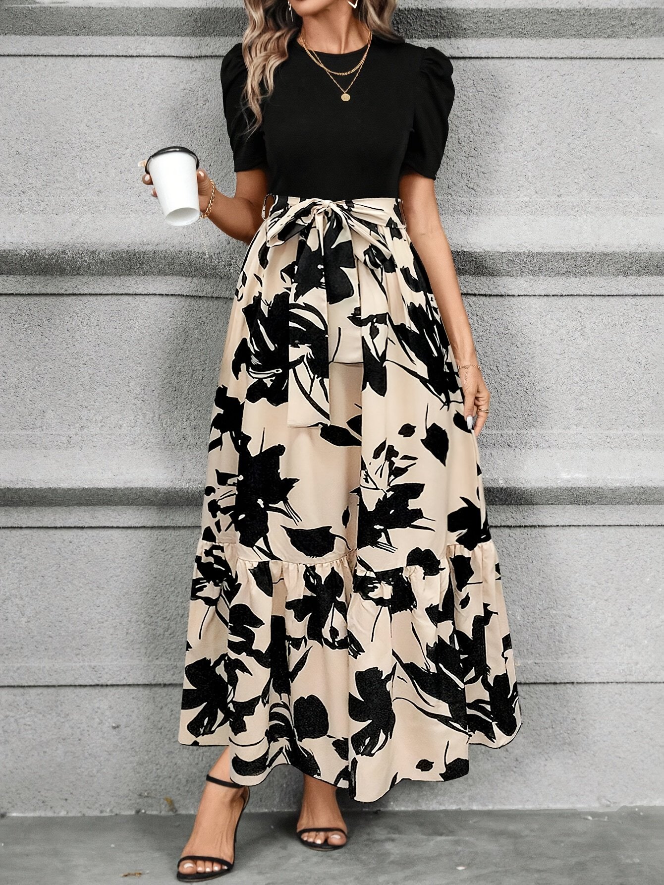 Lace Up Floral Print Splicing Dress, Elegant Crew Neck Short Sleeve Dress For Spring & Summer, Women??s Clothing - Image 6
