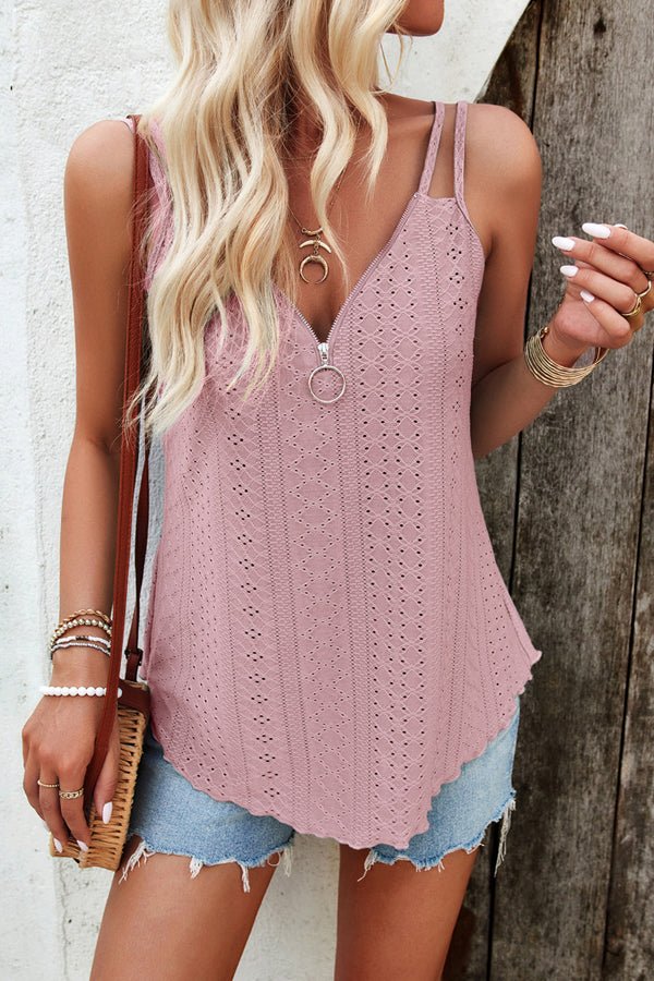 V Neck Zipper Hollow Casual Tops - Image 2