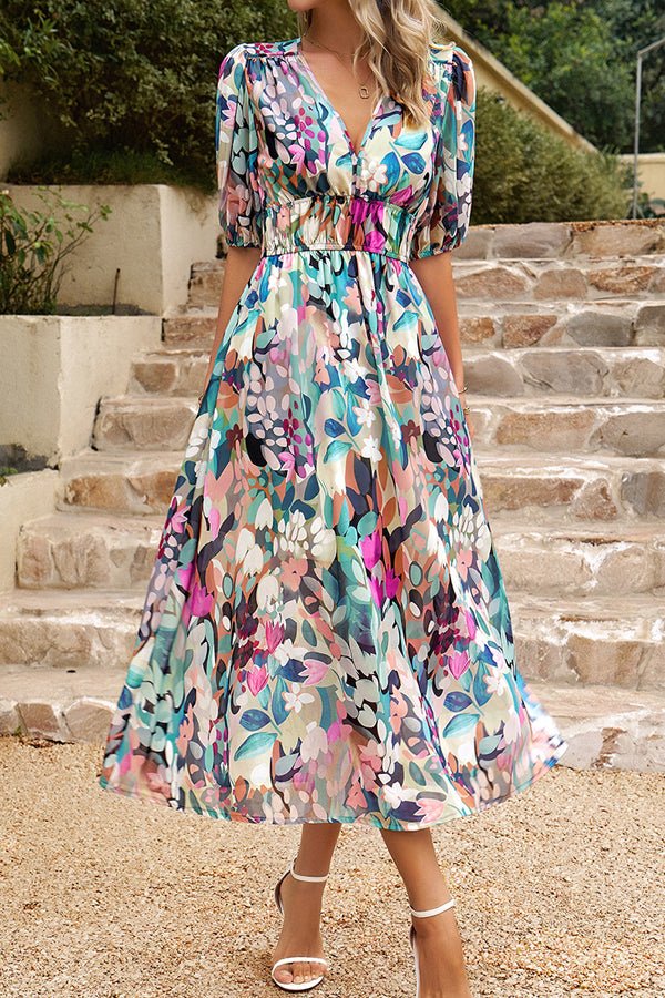 V Neck Smocked Waist Floral Print Maxi Dress - Image 3