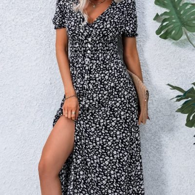 V Neck Smocked Chest Floral Print Maxi Dress