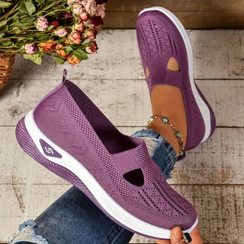 Women??s Solid Color Sneakers, Breathable Knit Slip On Outdoor Shoes, Lightweight Low Top Shoes - Image 9