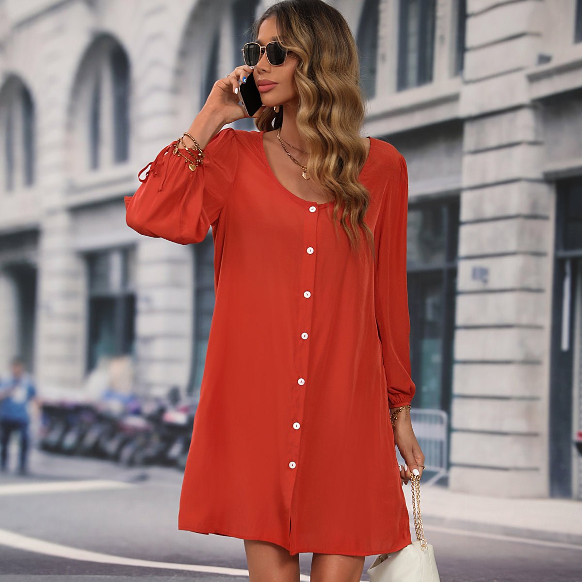 Long Sleeve Button Round Neck Solid Dress - Image 7