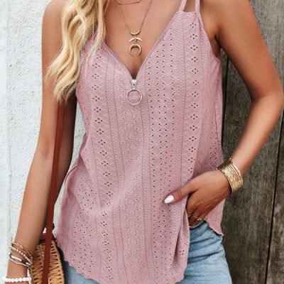V Neck Zipper Hollow Casual Tops