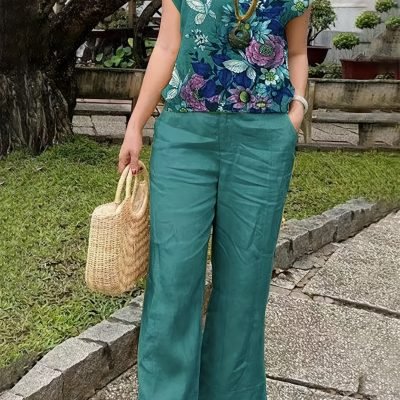 Elegant Two Piece Set, Floral Print Crew Neck Tank Top & Elastic Waist Pocket Pants Outfits For Spring & Summer, Women??s Clothing