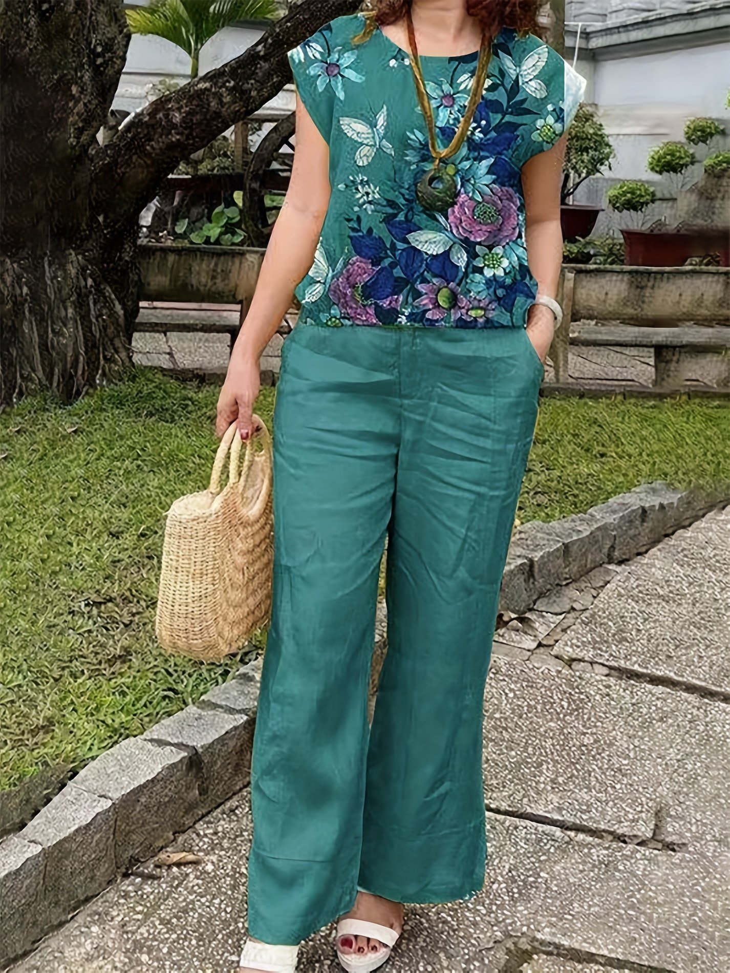 Elegant Two Piece Set, Floral Print Crew Neck Tank Top & Elastic Waist Pocket Pants Outfits For Spring & Summer, Women??s Clothing